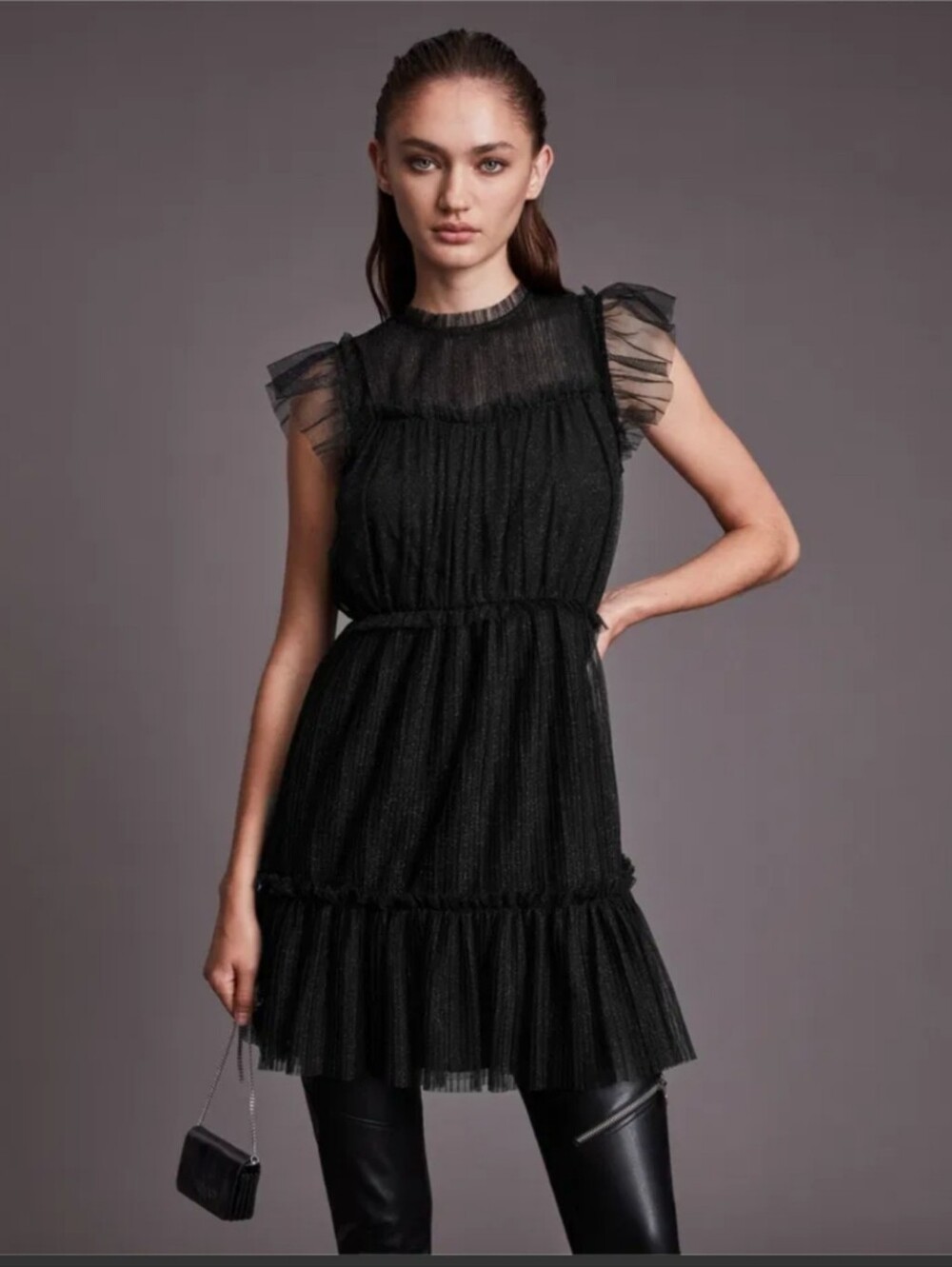 AllSaints Black Sparkle Tiered Tulle Dress Size 8